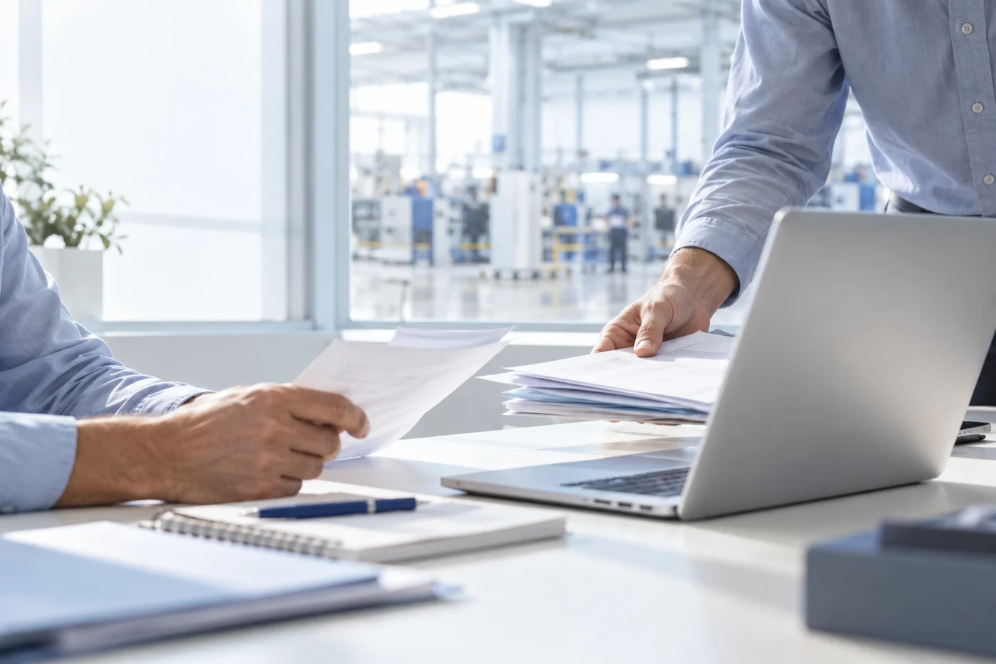 Escena ilustrativa de trabajo con documentos y revisión en una empresa, creada con IA